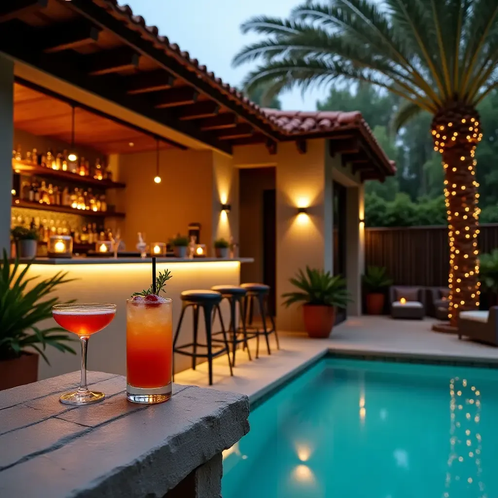 a photo of a Mediterranean-inspired bar area beside a pool with cocktails