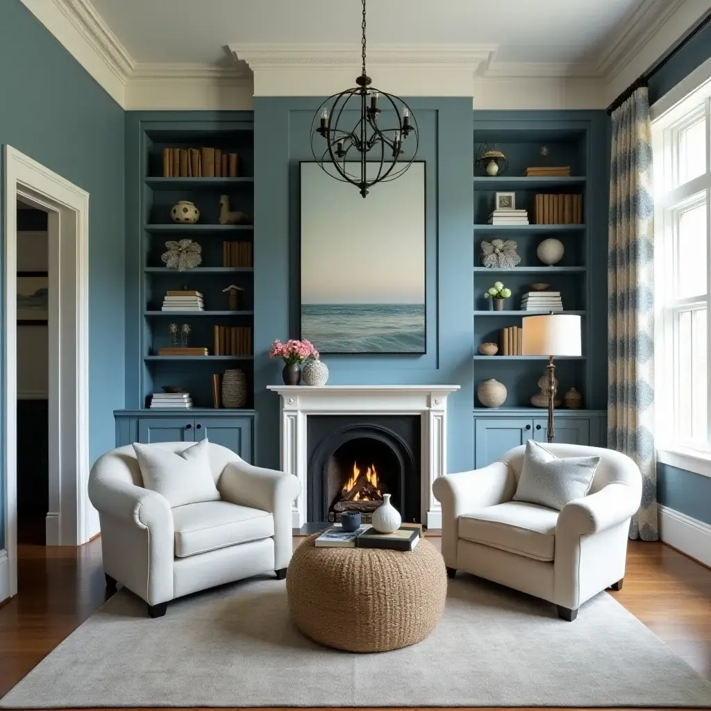 a photo of a serene blue and cream library with ocean-inspired decor