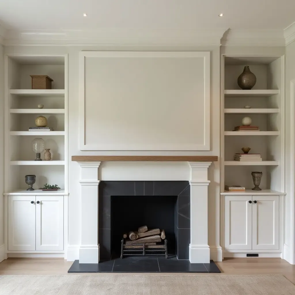 a photo of a fireplace mantel with a combination of open and closed shelving