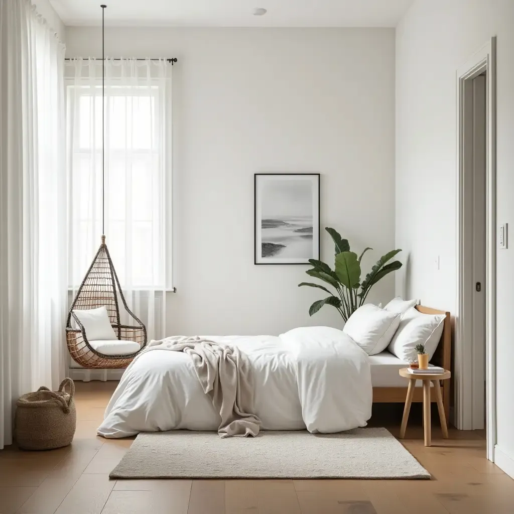 a photo of a light and airy bedroom with Scandinavian decor and a hanging chair