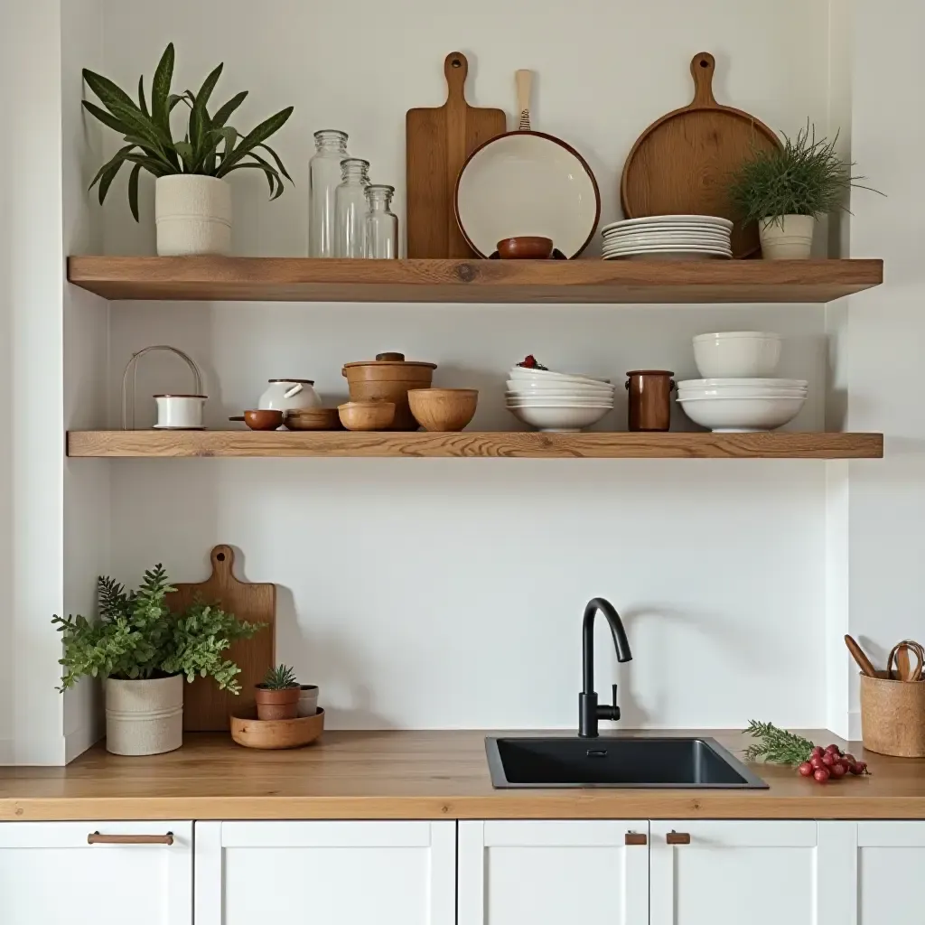 a photo of reclaimed wood open shelving displaying kitchenware