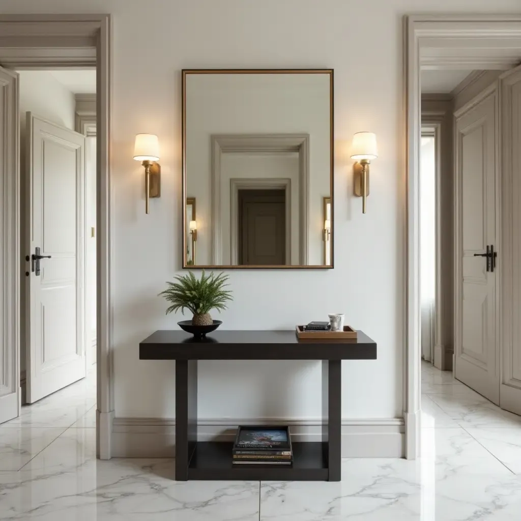 a photo of an elegant corridor with a console table and decorative trays