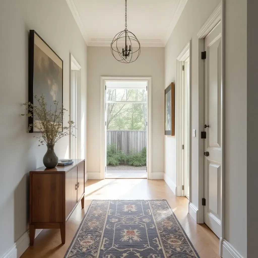 a photo of an entrance hall with a stylish rug and decor