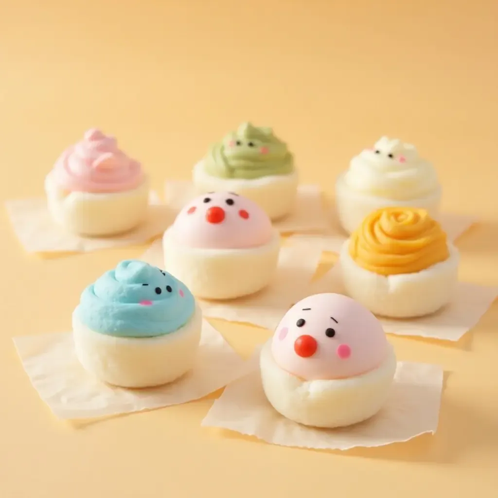 a photo of Japanese mochi snacks with playful designs and pastel colors.