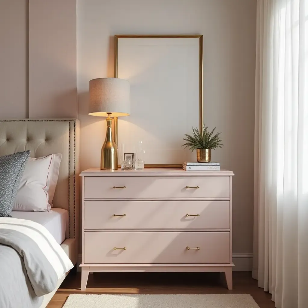 a photo of a glamorous teen bedroom featuring a stylish dresser and decorative items