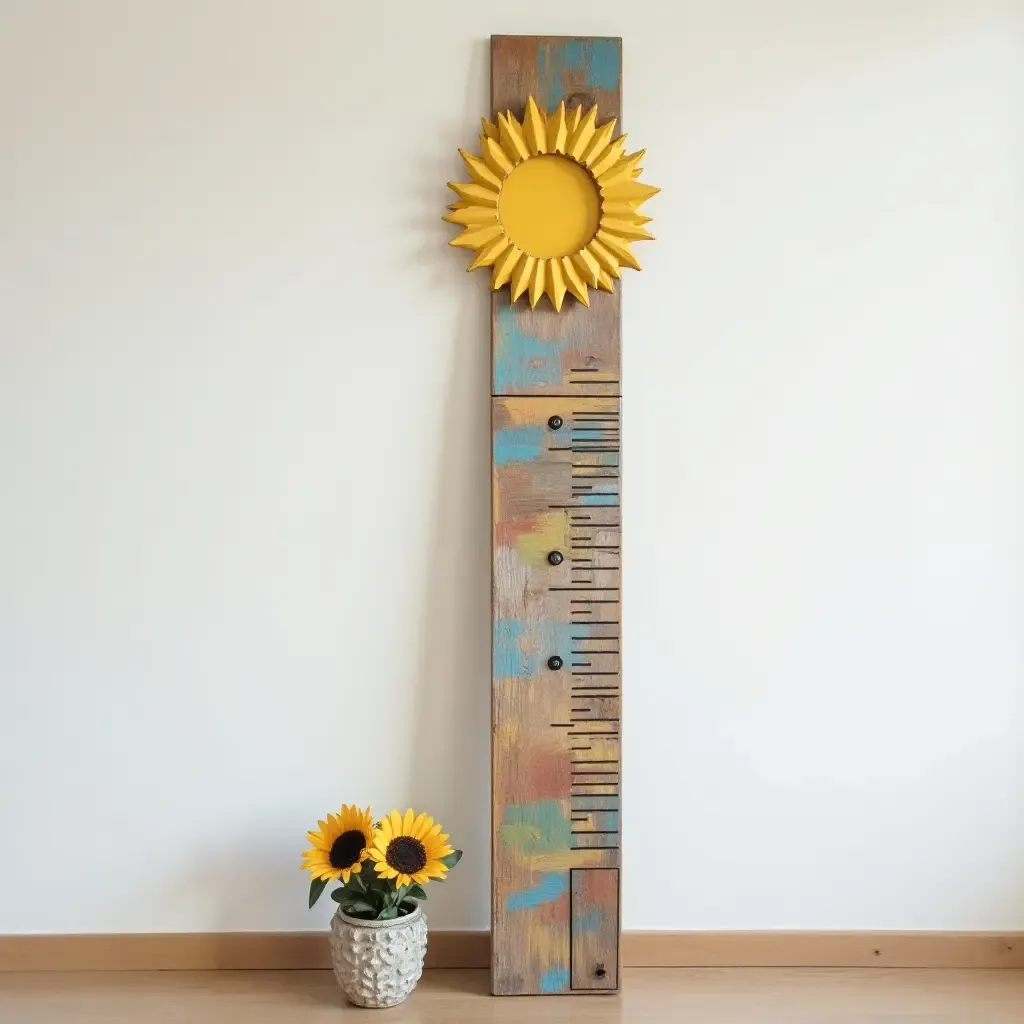 a photo of a whimsical growth chart made from reclaimed wood and paint