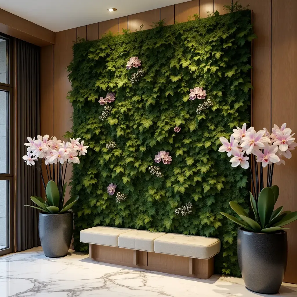 a photo of a sophisticated garden wall with orchids and elegant decor in a hallway