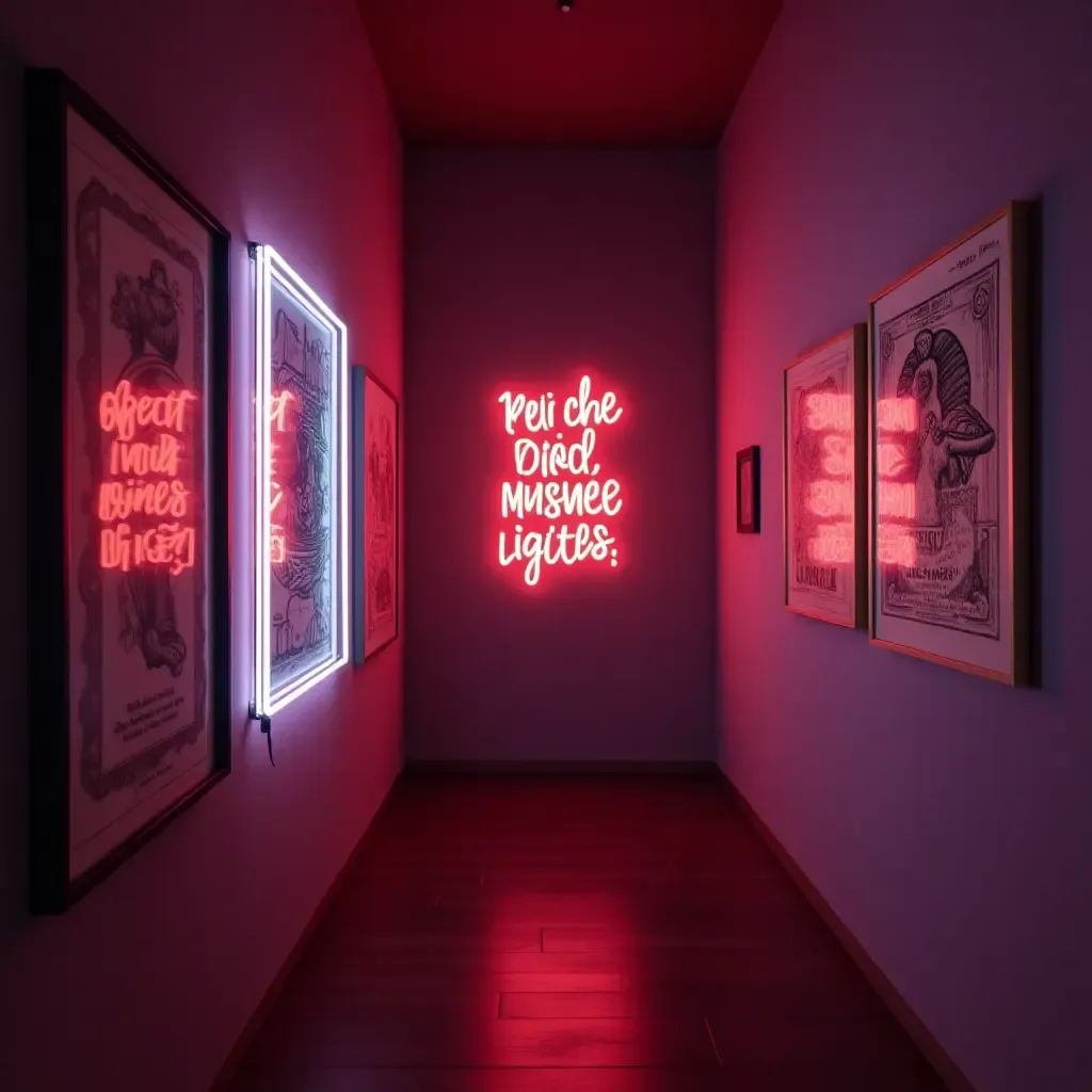 a photo of a gallery wall with neon signs and modern art pieces