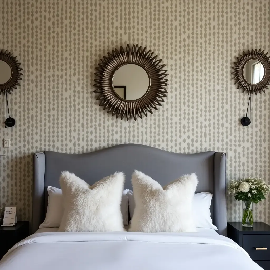 a photo of a grey headboard accentuated by patterned wallpaper and decorative mirrors