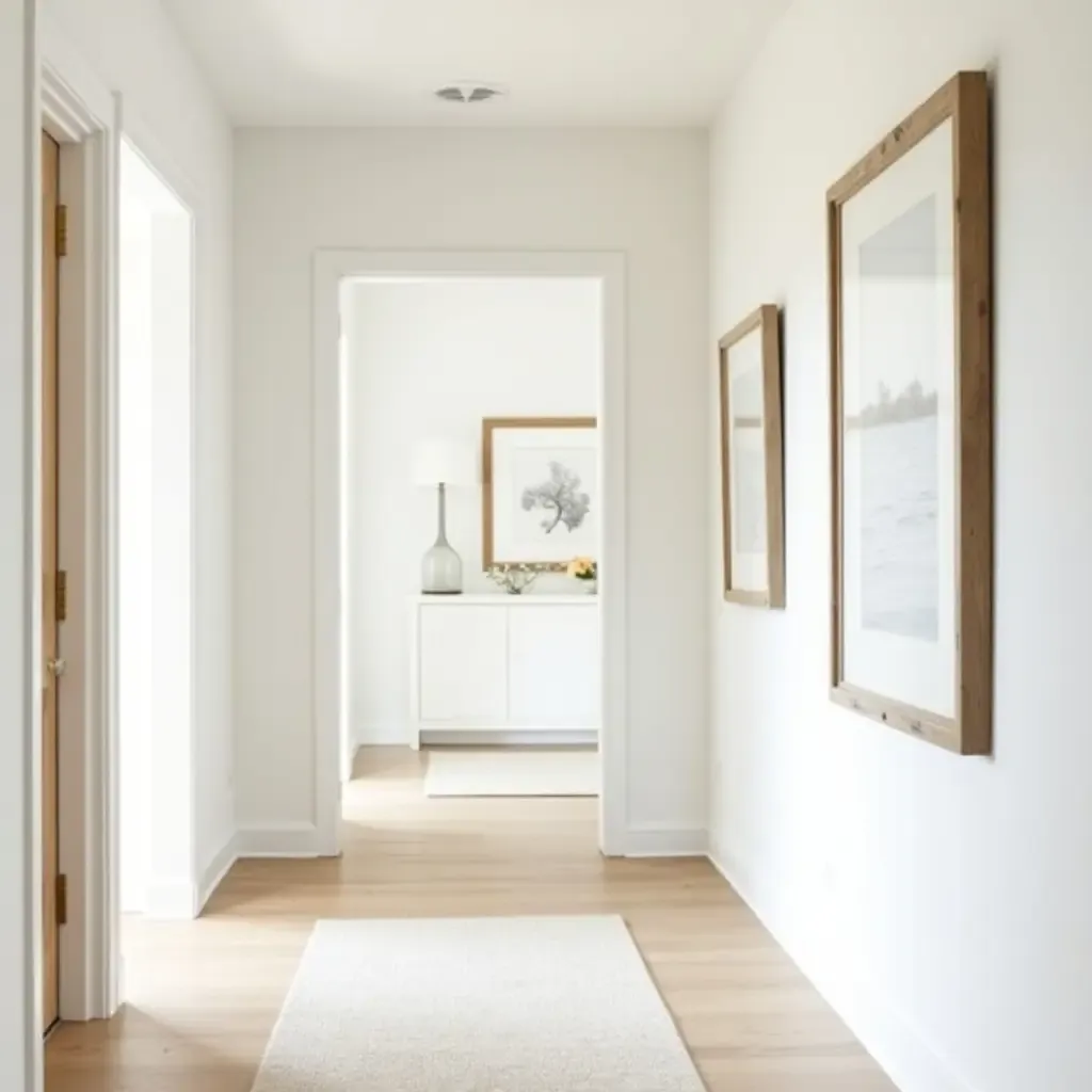 a photo of a bright corridor adorned with farmhouse-style framed artwork