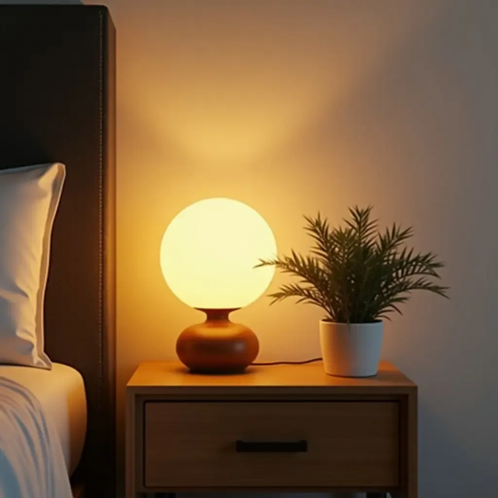 a photo of a nightstand featuring a beautiful lamp and a plant