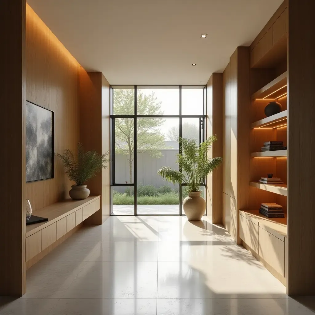 a photo of a spacious entrance hall with open shelving and natural light