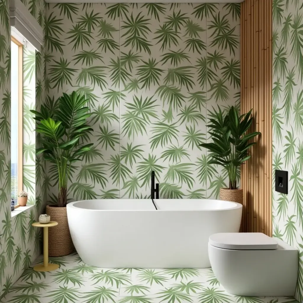 a photo of a tropical bathroom with palm leaf patterned tiles and bamboo accents