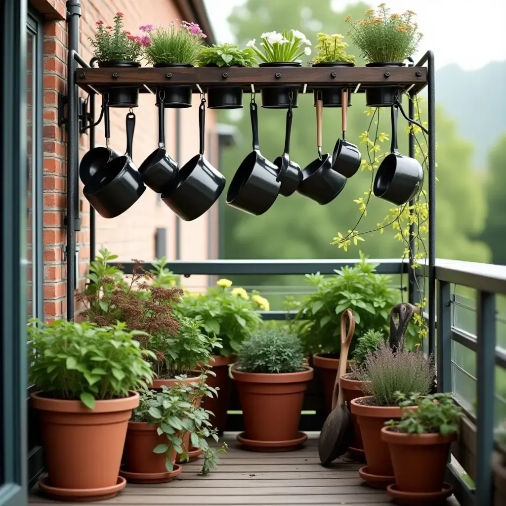 a photo of a balcony featuring a hanging pot rack and organized tools