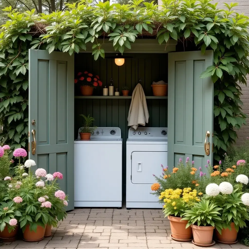 a photo of a serene outdoor laundry space surrounded by fragrant flowers