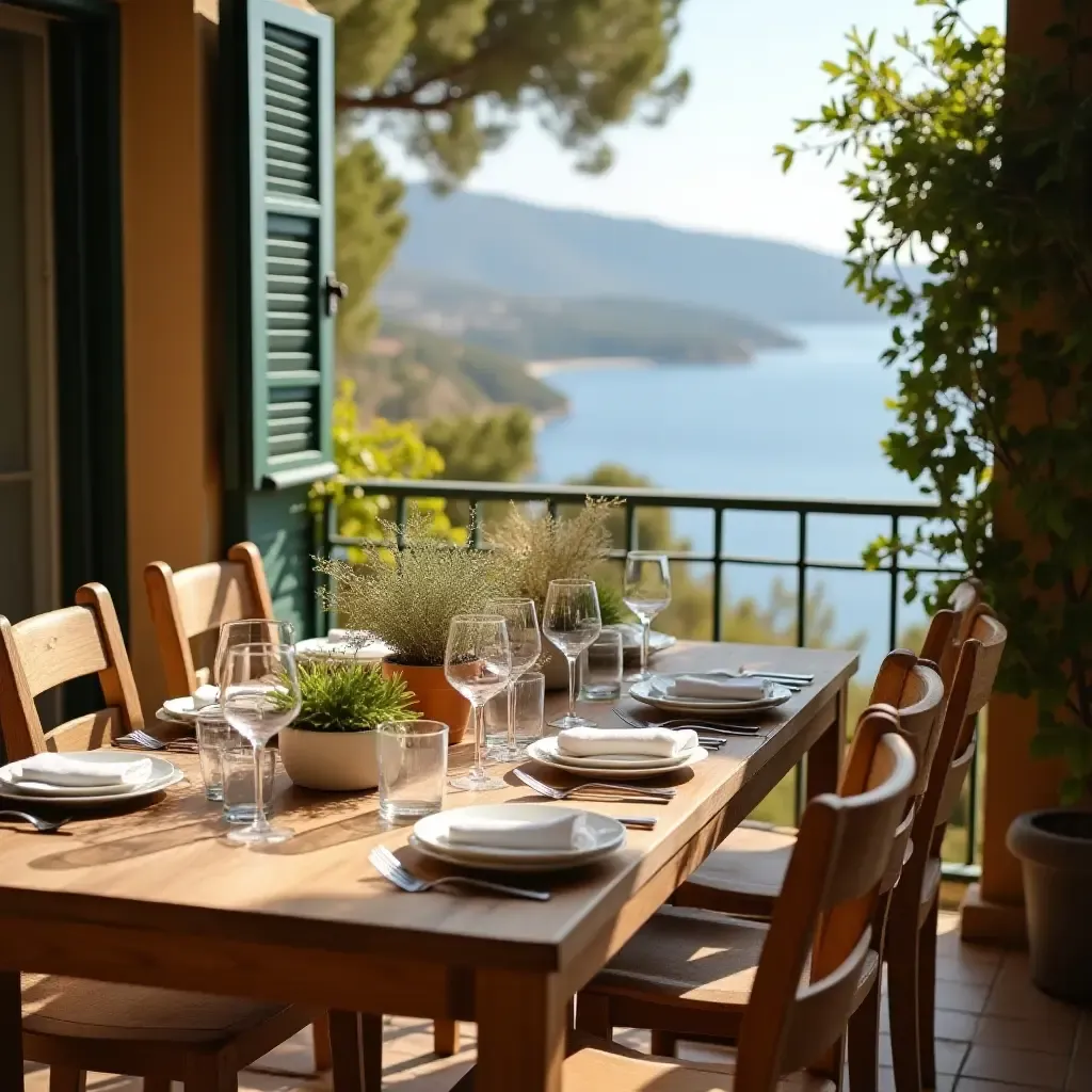 a photo of a rustic wooden table set for dinner on a sunny Mediterranean balcony