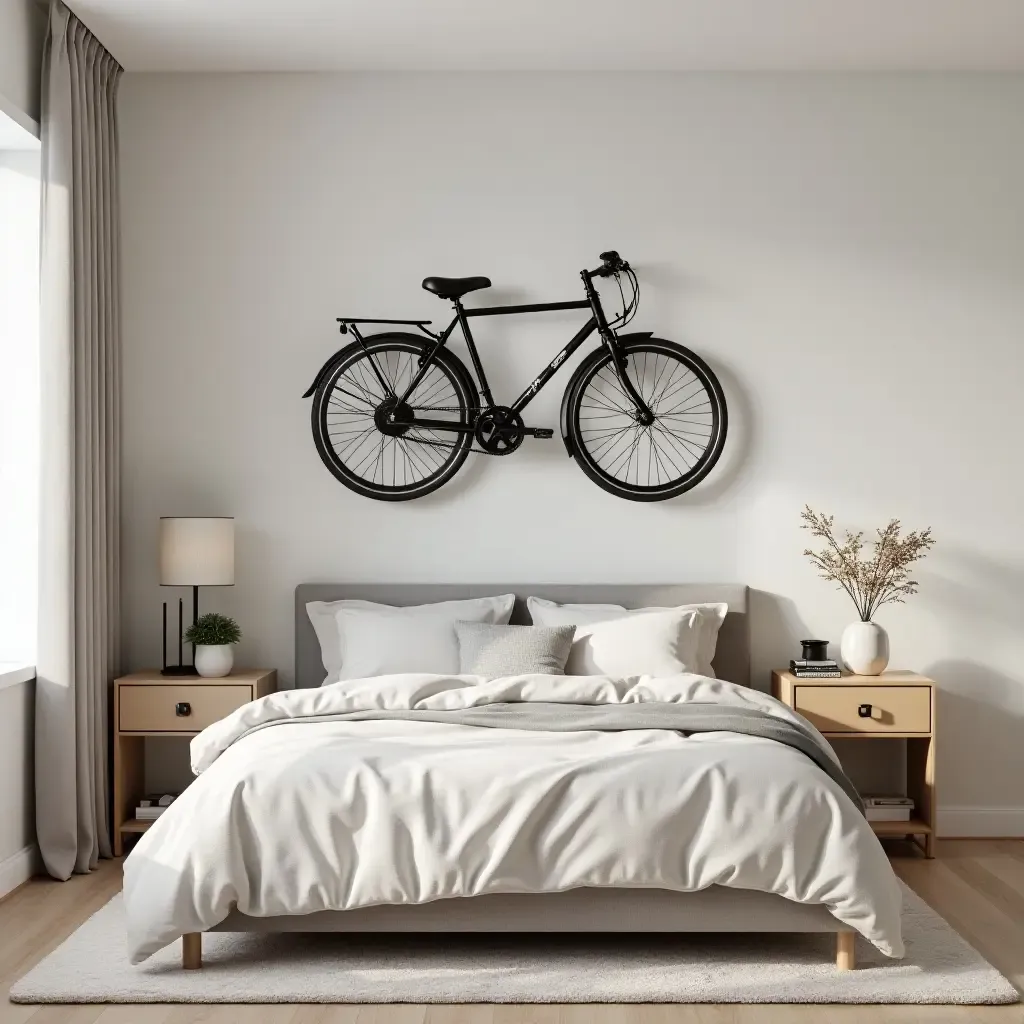 a photo of a wall-mounted bike in a stylish teen bedroom