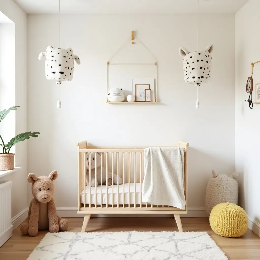 a photo of a whimsical nursery with Scandinavian animal motifs and bright accents