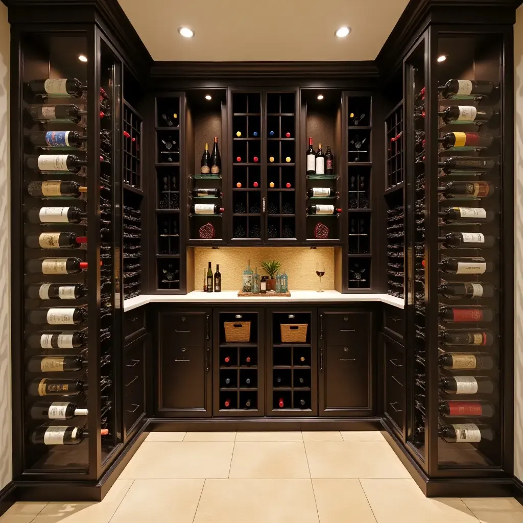 a photo of a basement with a creative wine storage display