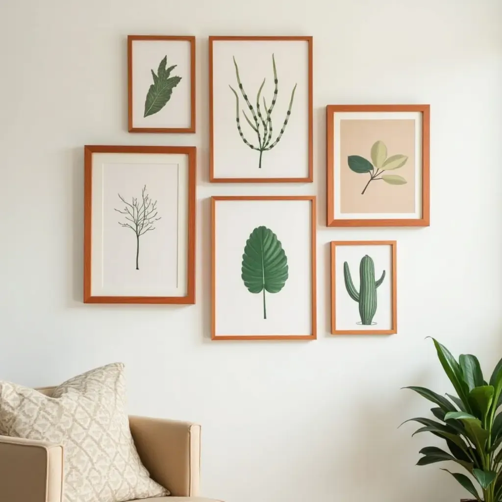 a photo of a trendy gallery wall combining burnt orange frames and green prints