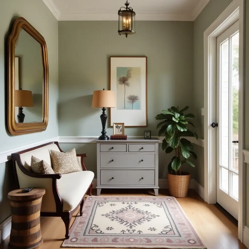 a photo of a cozy entrance hall featuring vintage furniture and decor