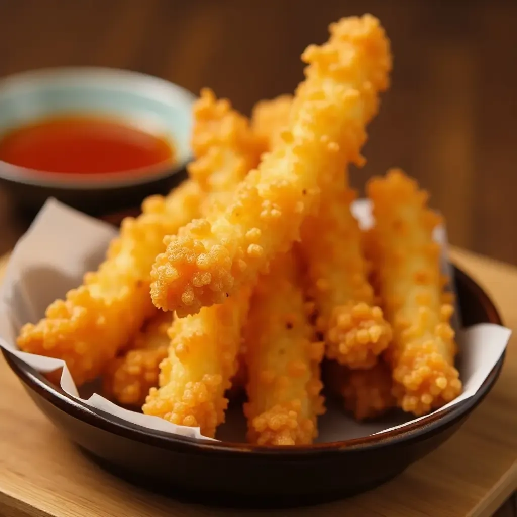 a photo of crispy twigim (Korean tempura) with vibrant dipping sauces