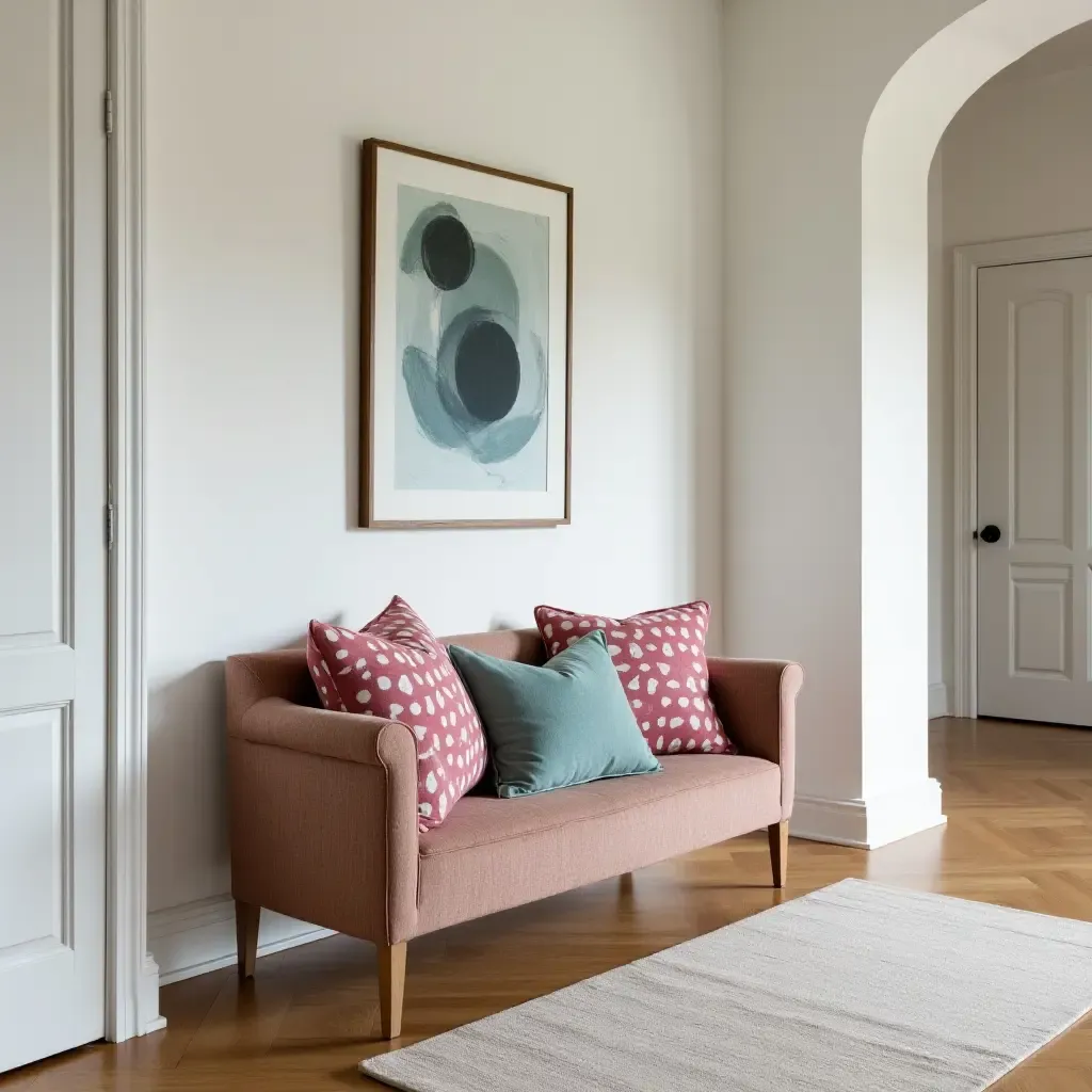 a photo of a stylish bench with vibrant throw pillows in a corridor