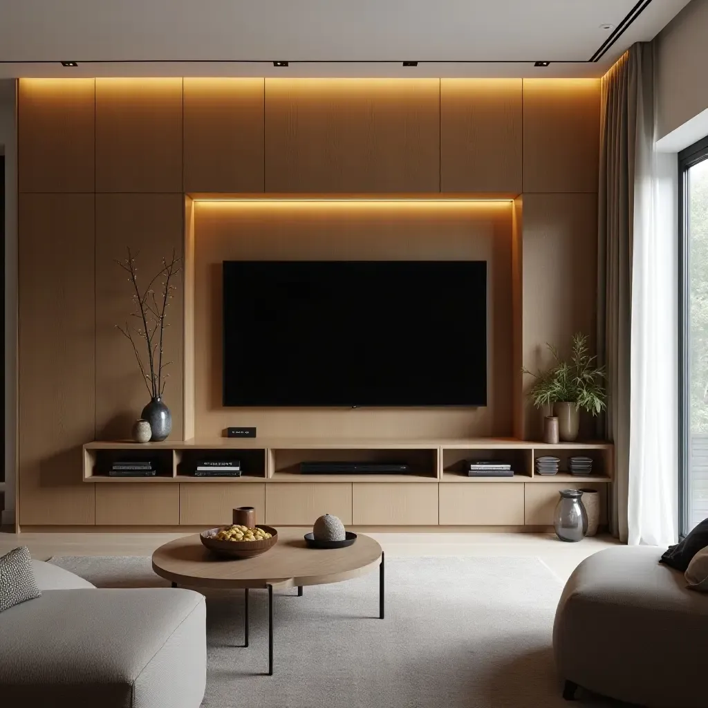 a photo of a small living room showcasing a stylish entertainment center with hidden storage