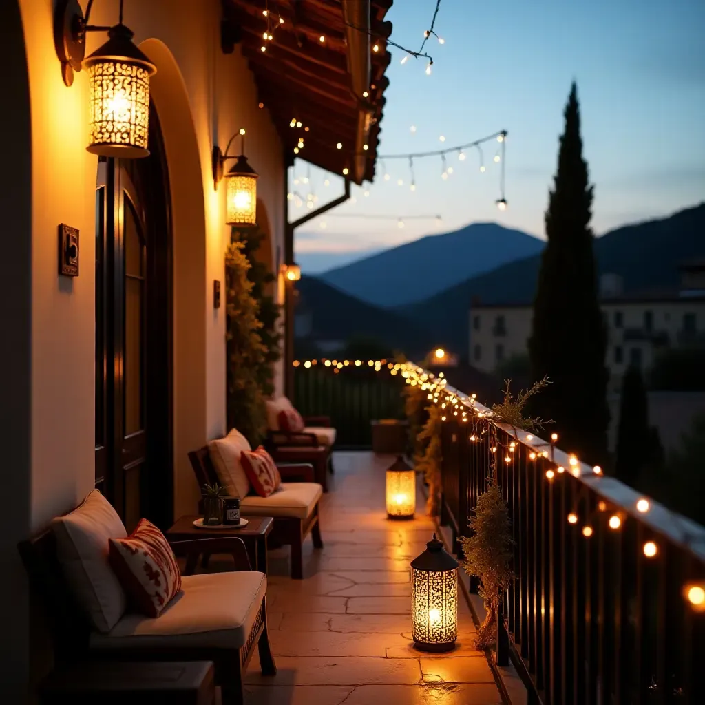 a photo of a Mediterranean-style balcony with lanterns and string lights at dusk