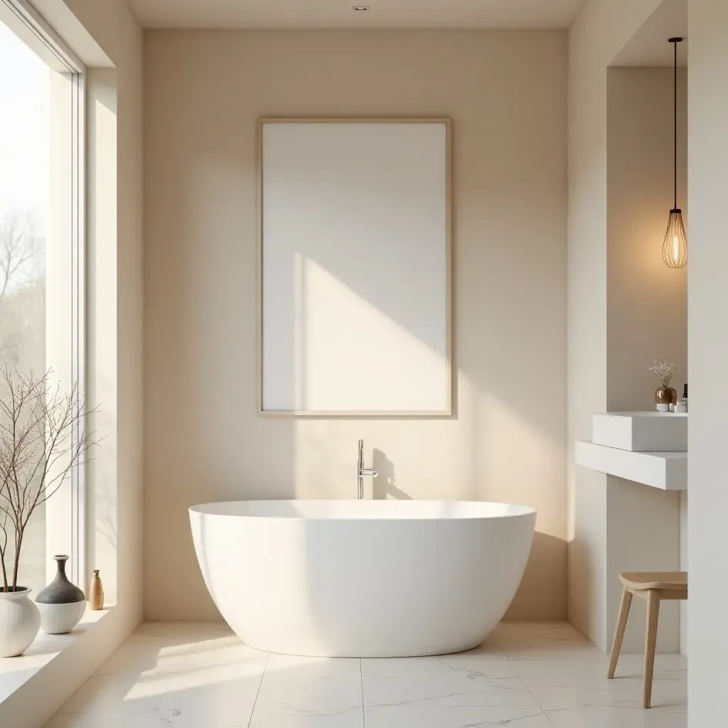 a photo of a relaxing bathroom with soft colors and minimalist art