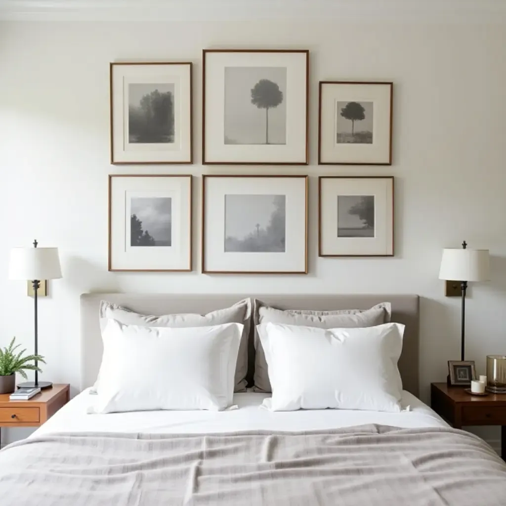 a photo of a gallery wall with framed art behind a bed in a chic bedroom