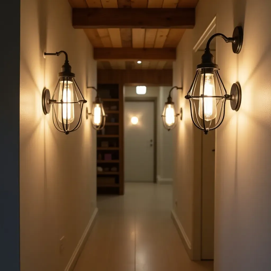 a photo of industrial-style wall sconces illuminating a basement hallway