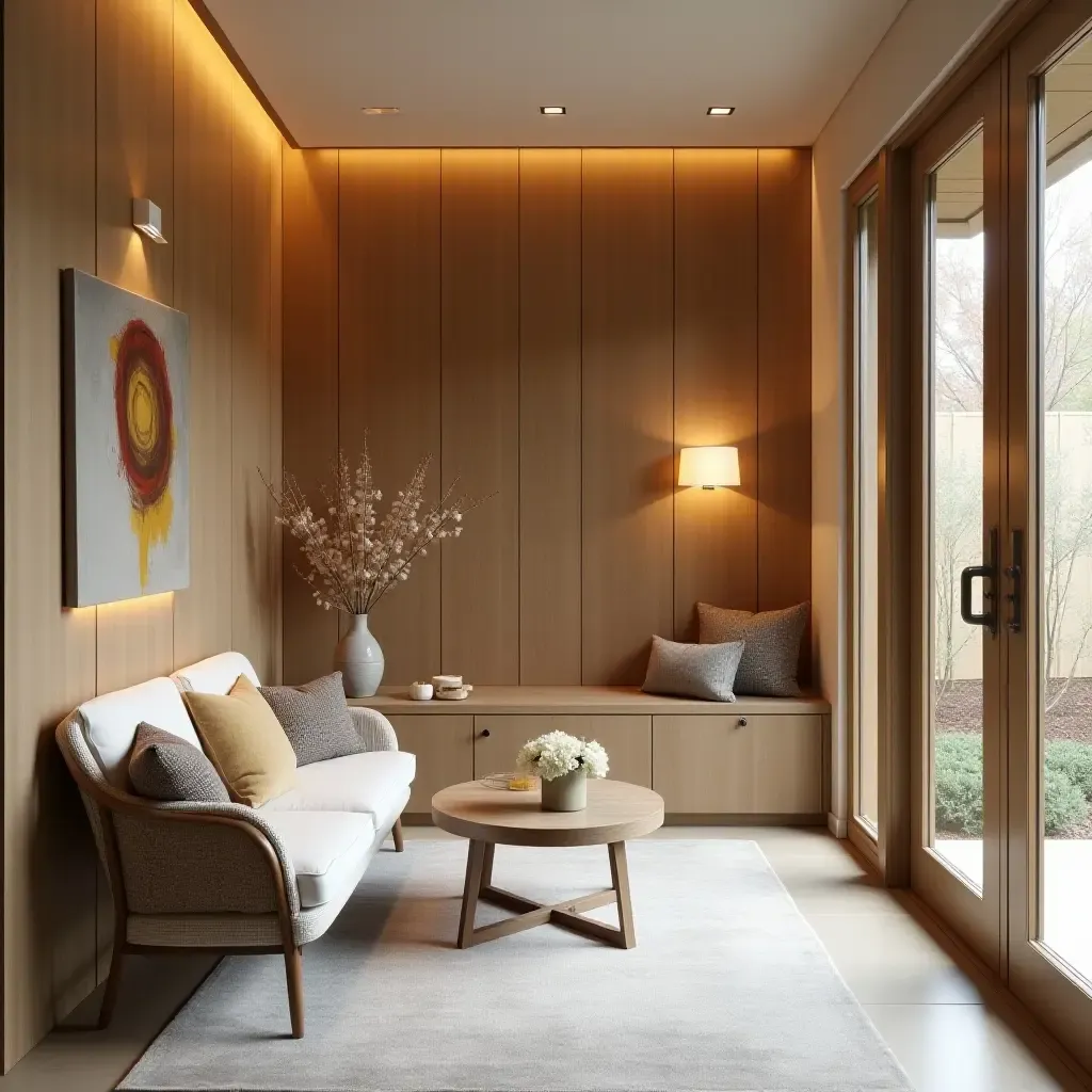 a photo of a cozy seating nook in an entrance hall with warm wood accents