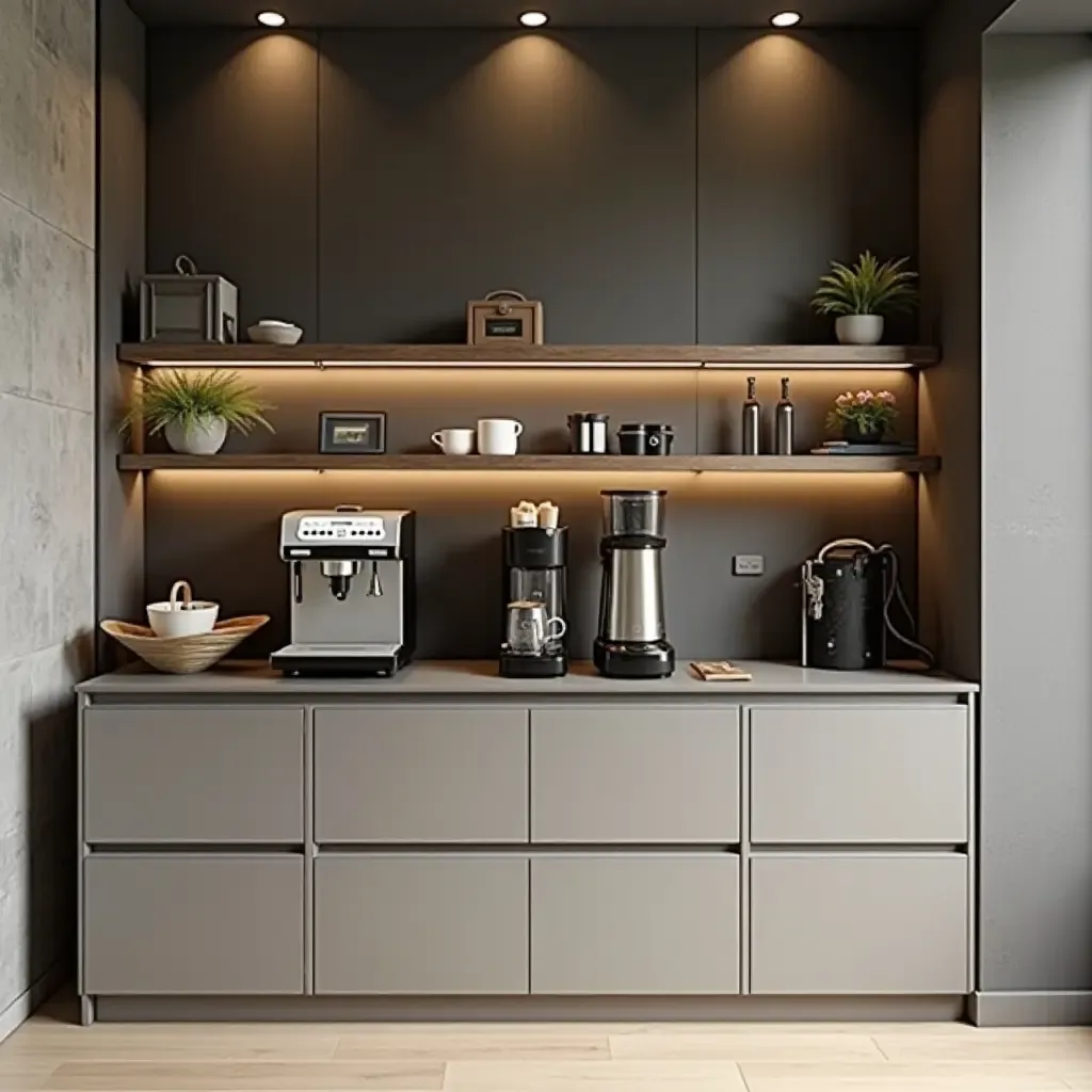 a photo of a modern coffee station with sleek appliances and minimalist design