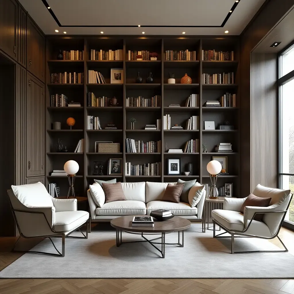 a photo of a contemporary library with chrome furniture and decor