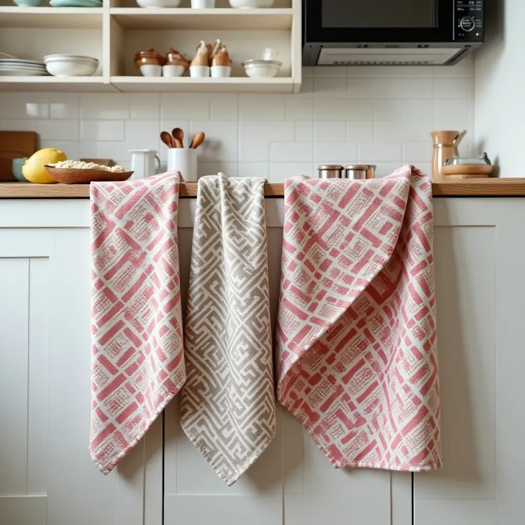 a photo of a kitchen with bohemian-style dish towels and aprons