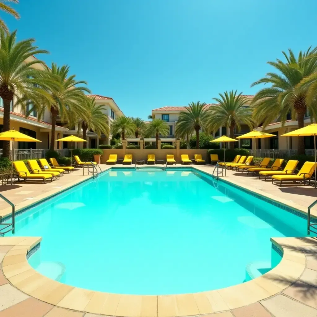 a photo of a vibrant turquoise pool surrounded by bright yellow lounge chairs