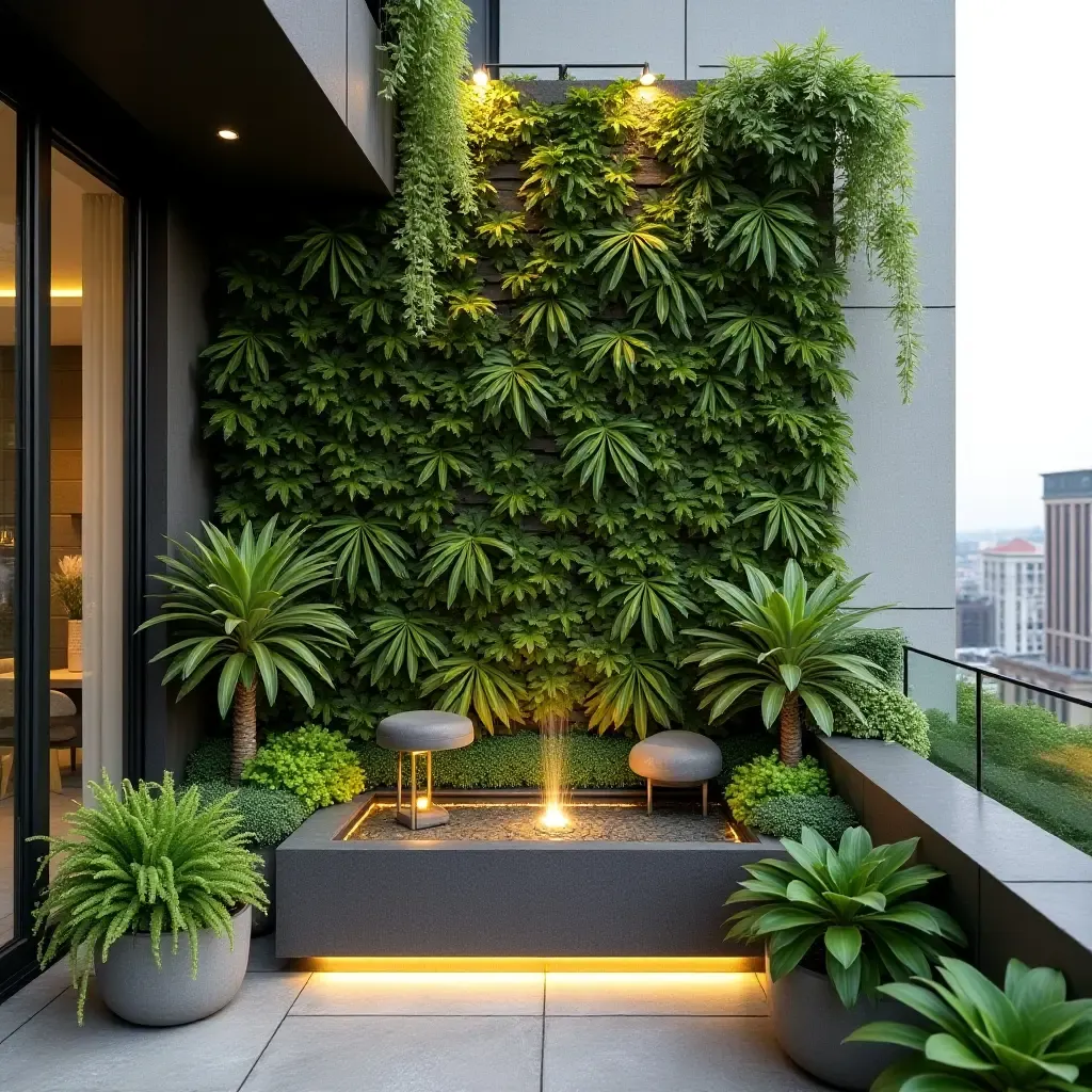 a photo of a balcony featuring a vertical garden with a water feature