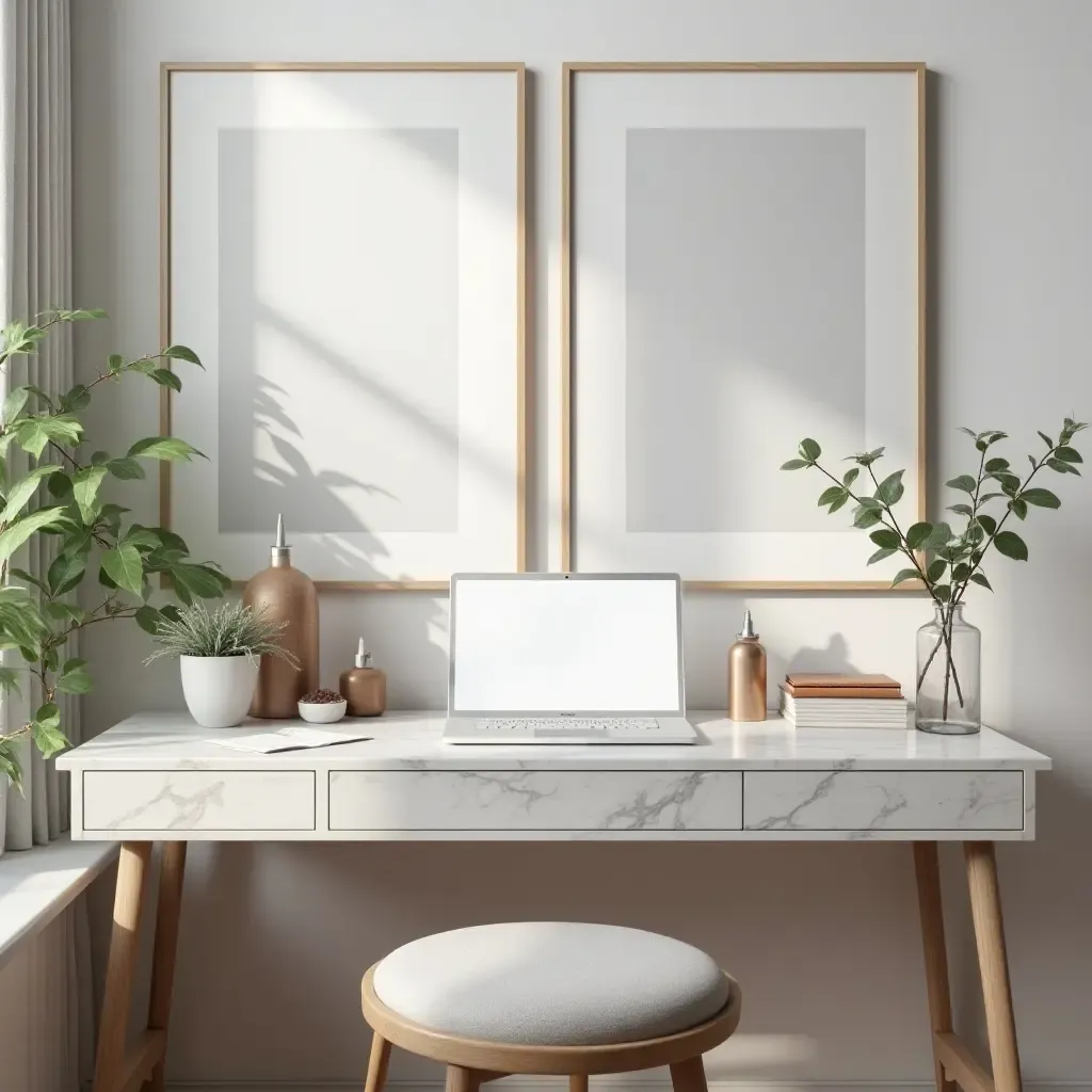 a photo of a stylish teen workspace with marble desk and decor