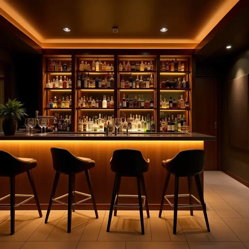 a photo of a chic basement bar area with modern stools and ambient lighting