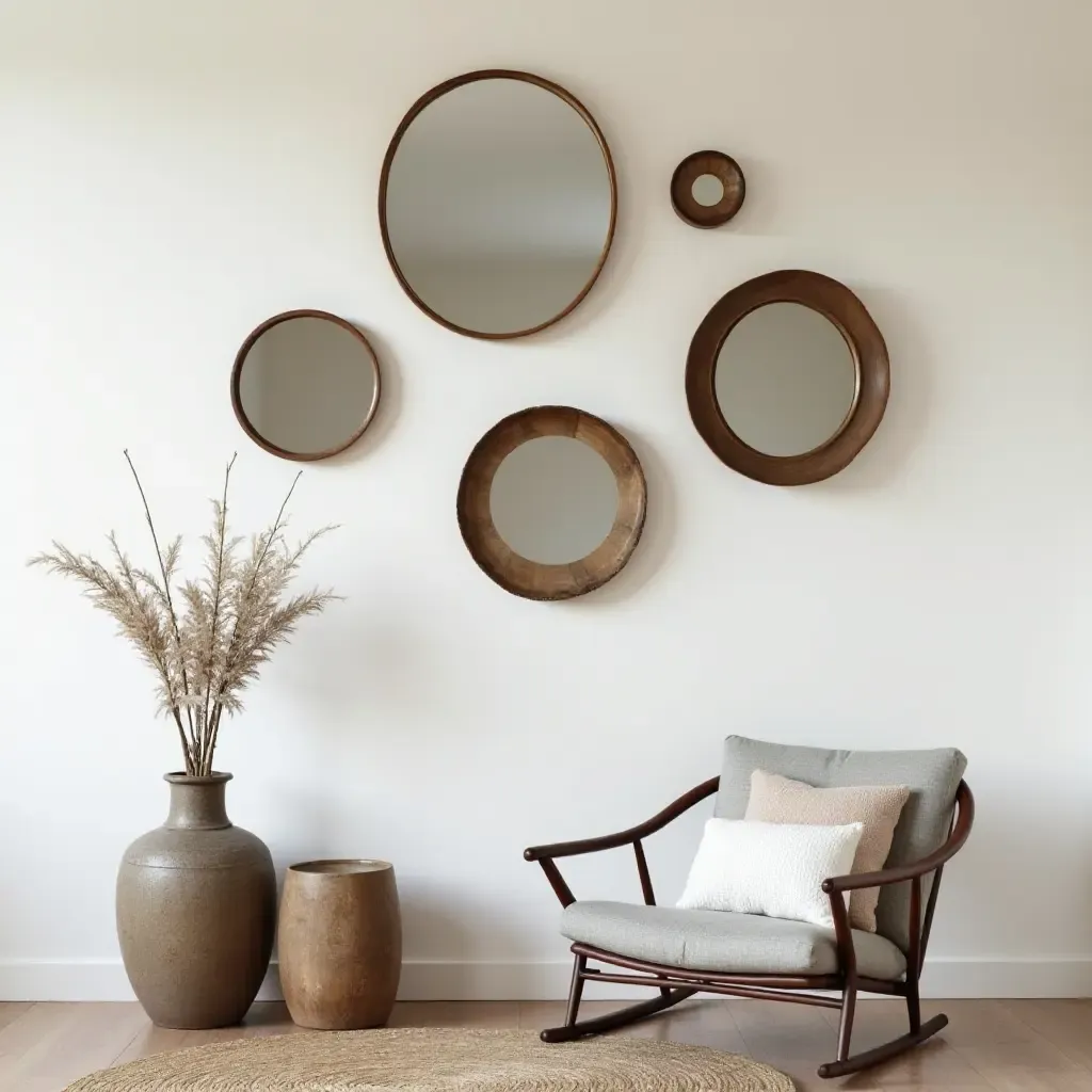 a photo of a gallery wall featuring a mix of mirrors and wall sculptures