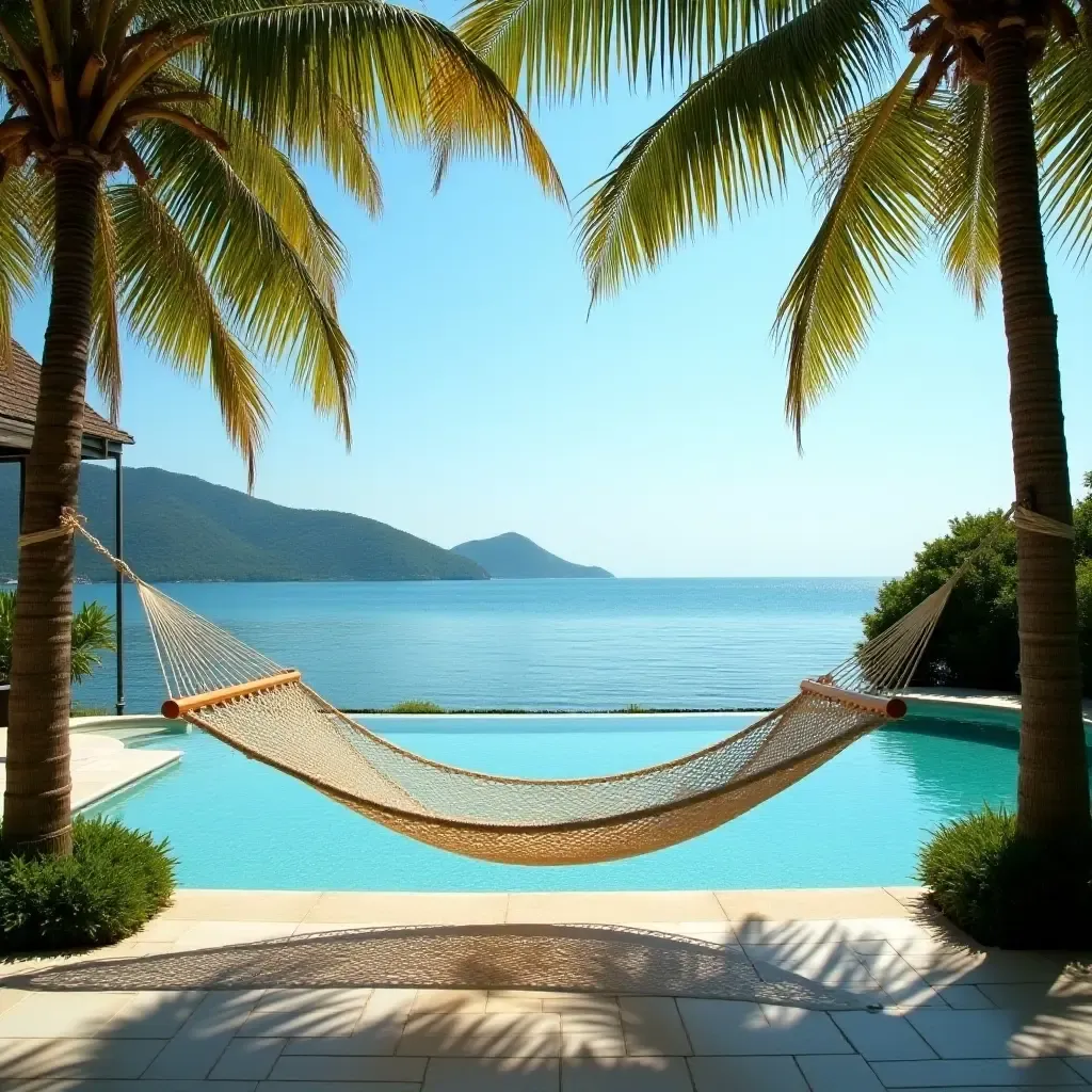 a photo of a luxurious hammock strung between palm trees by the pool