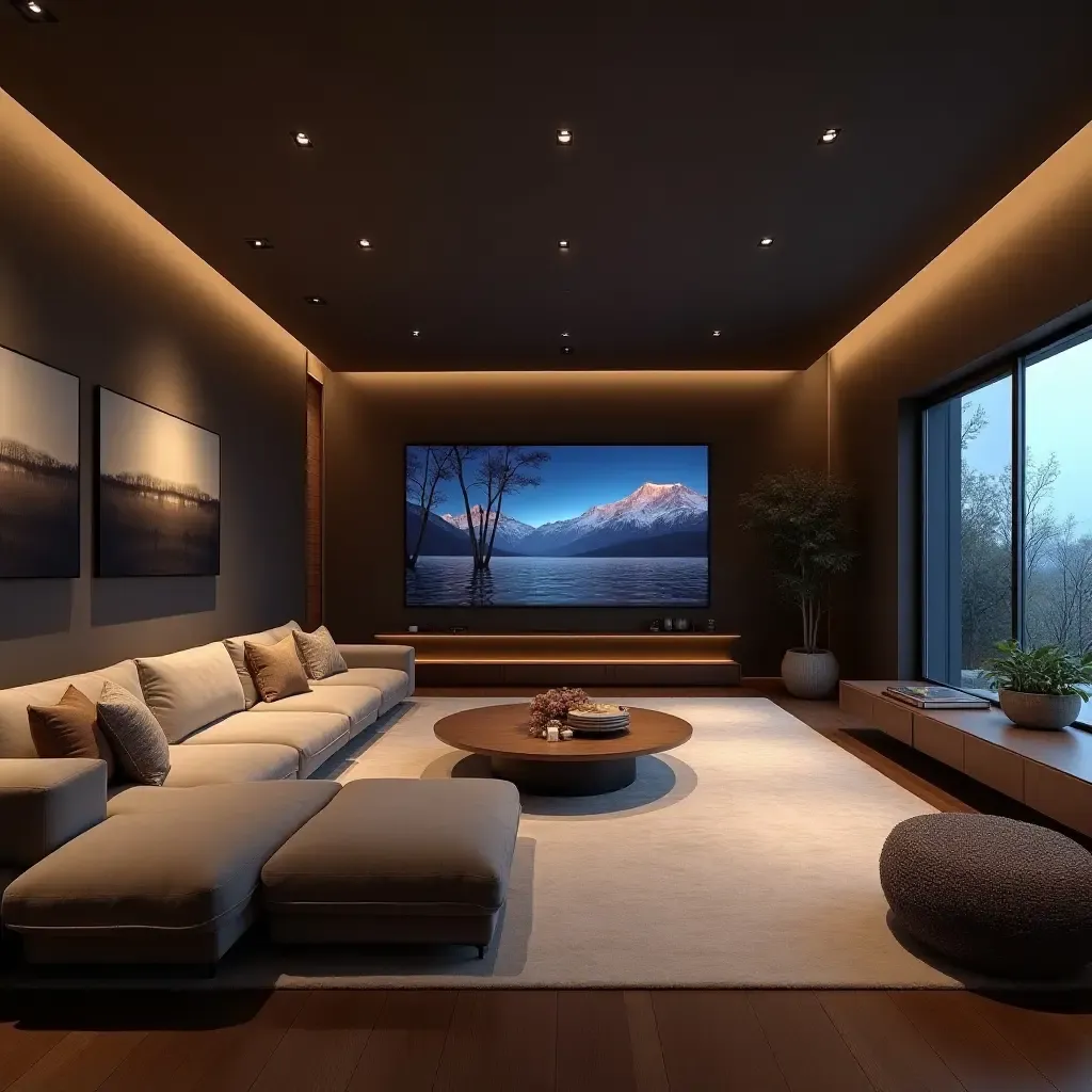 a photo of a spacious TV room with a large sectional and gaming area