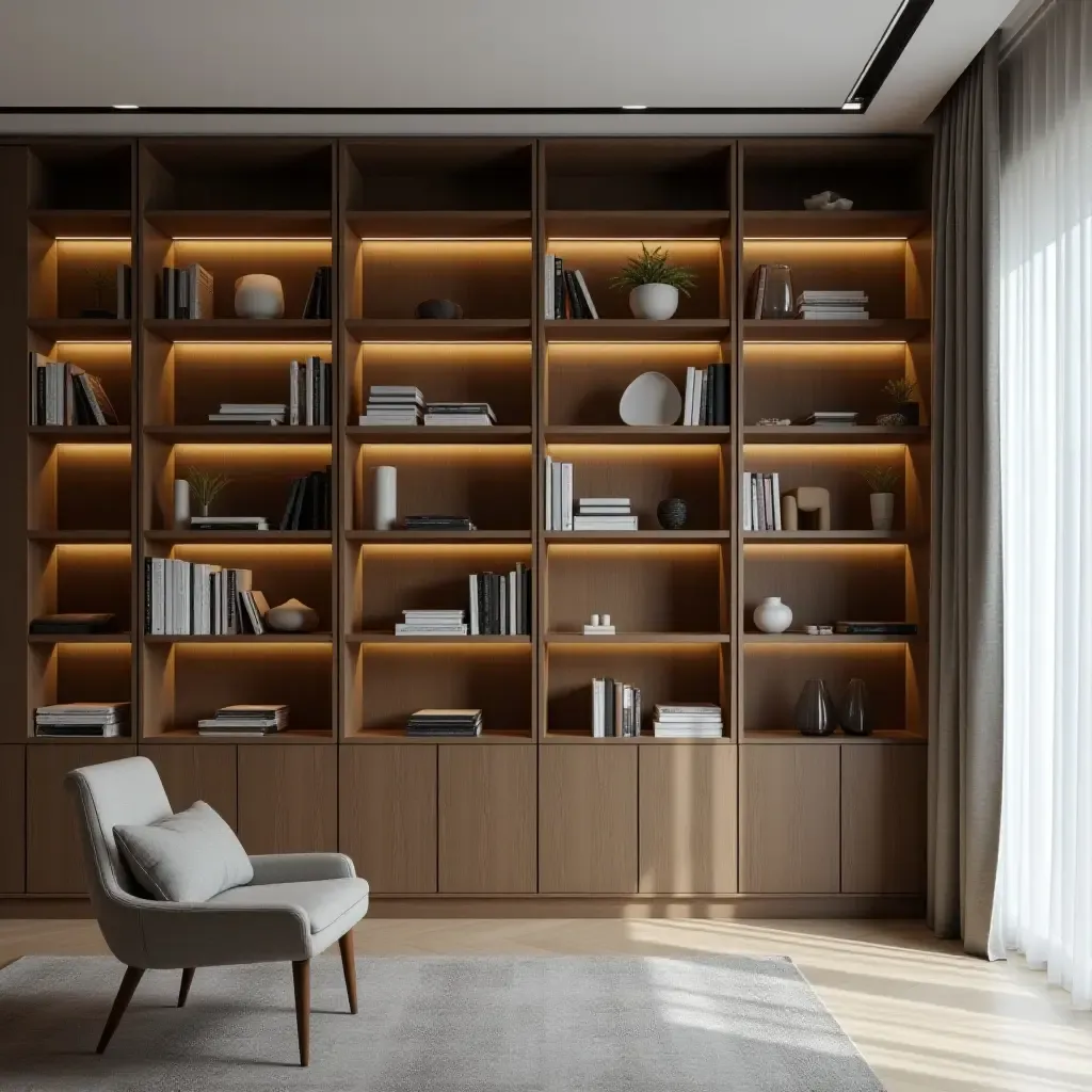 a photo of a contemporary bookshelf with integrated lighting and sleek lines