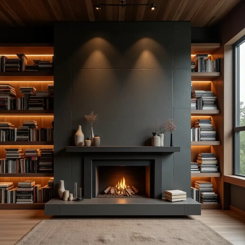 a photo of a library with an industrial-style fireplace and bookshelves