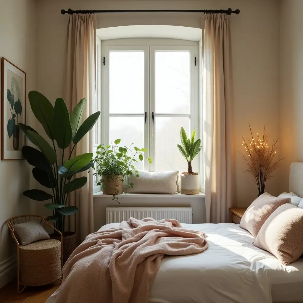 a photo of a shared bedroom with a cozy window seat and plants for ambiance