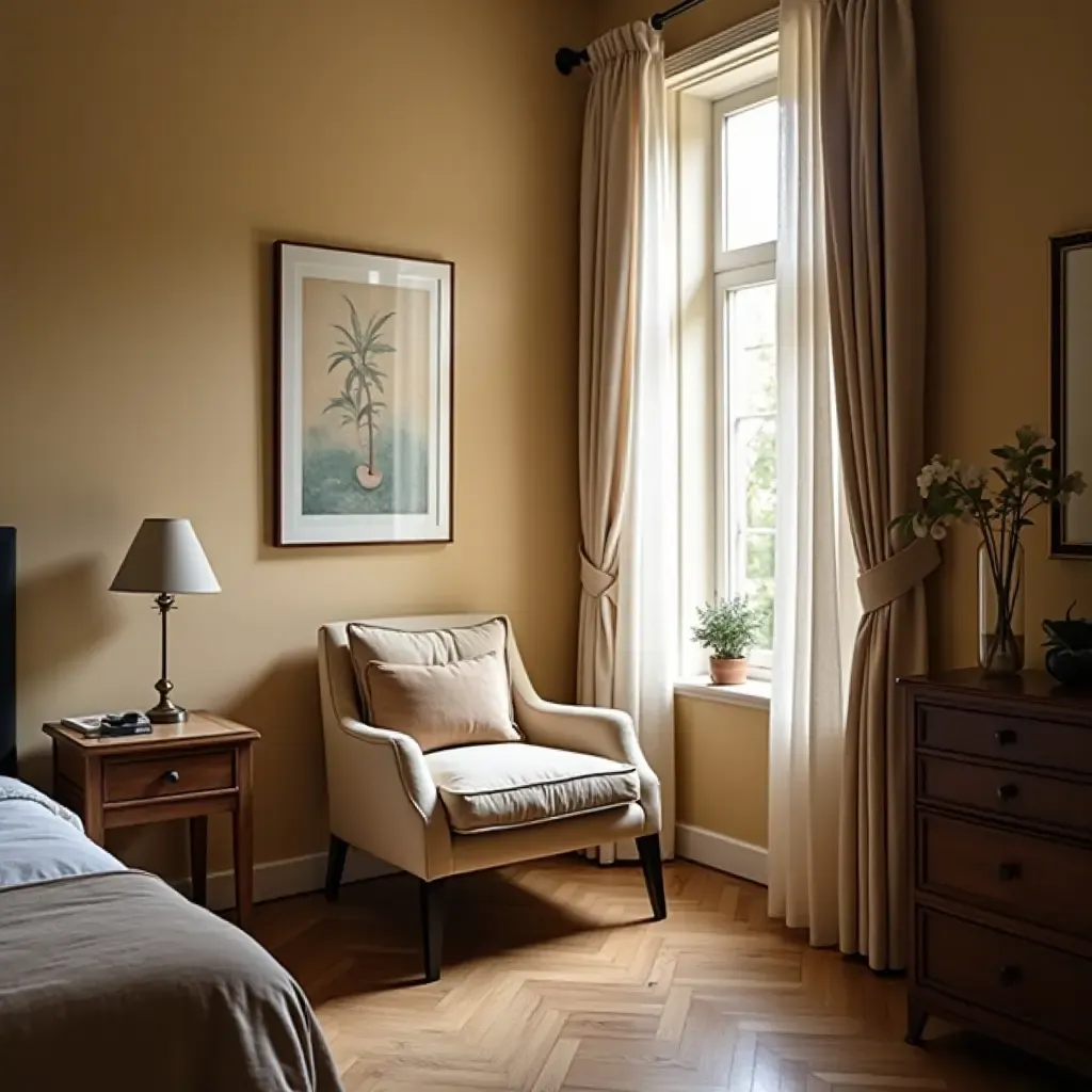 a photo of a bedroom nook with a comfortable chair and a warm atmosphere