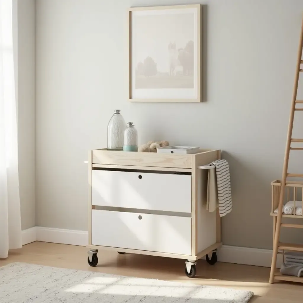 a photo of a nursery with a mobile storage cart for essentials