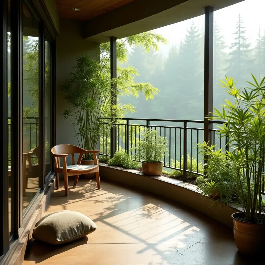 a photo of a tranquil balcony with bamboo plants and a meditation area