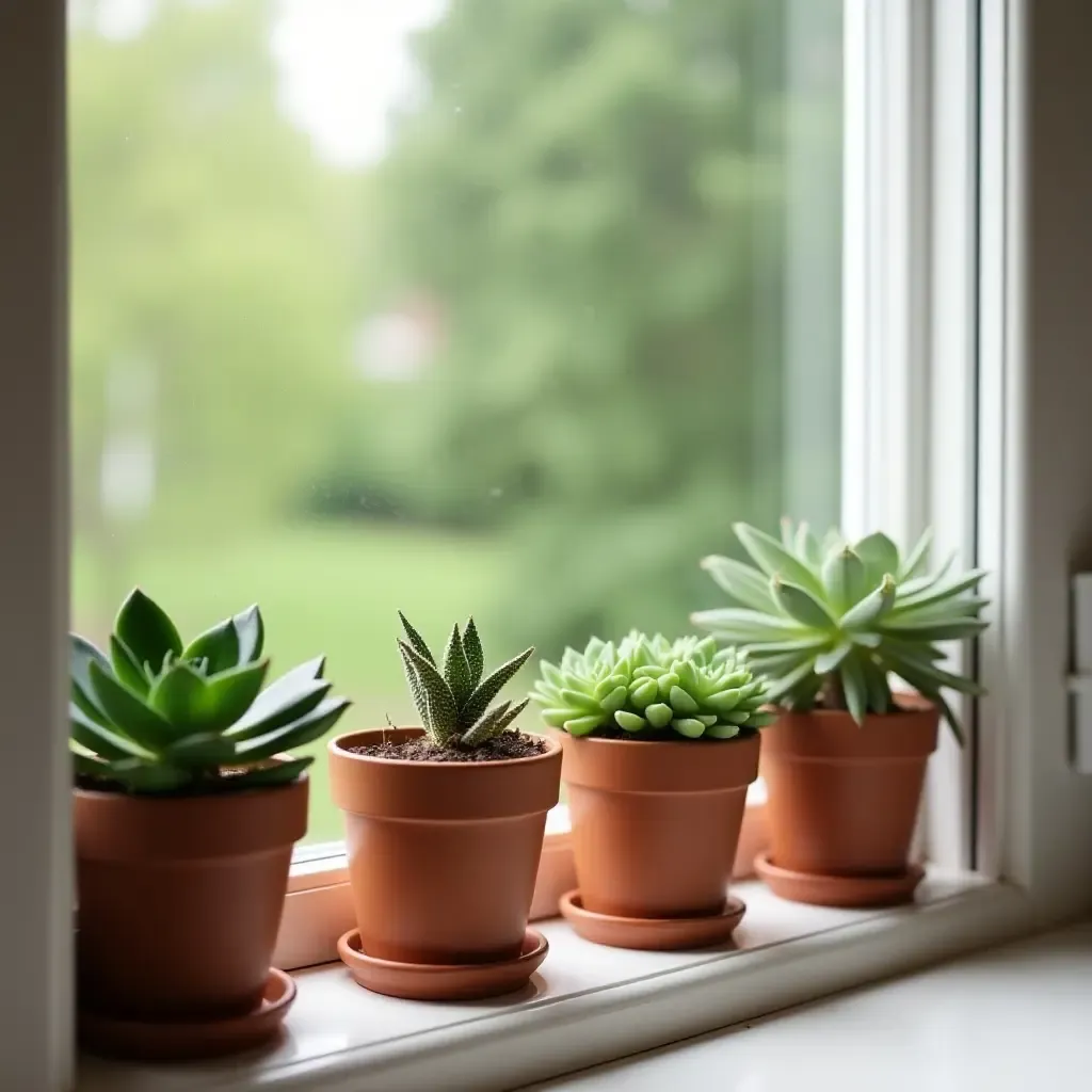 a photo of a charming window sill filled with potted succulents